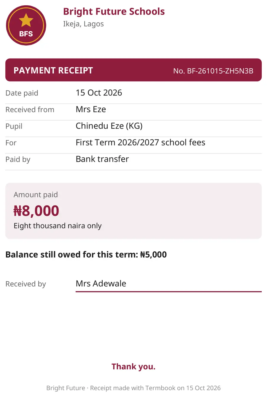 Payment receipt with school logo, amount in words and balance