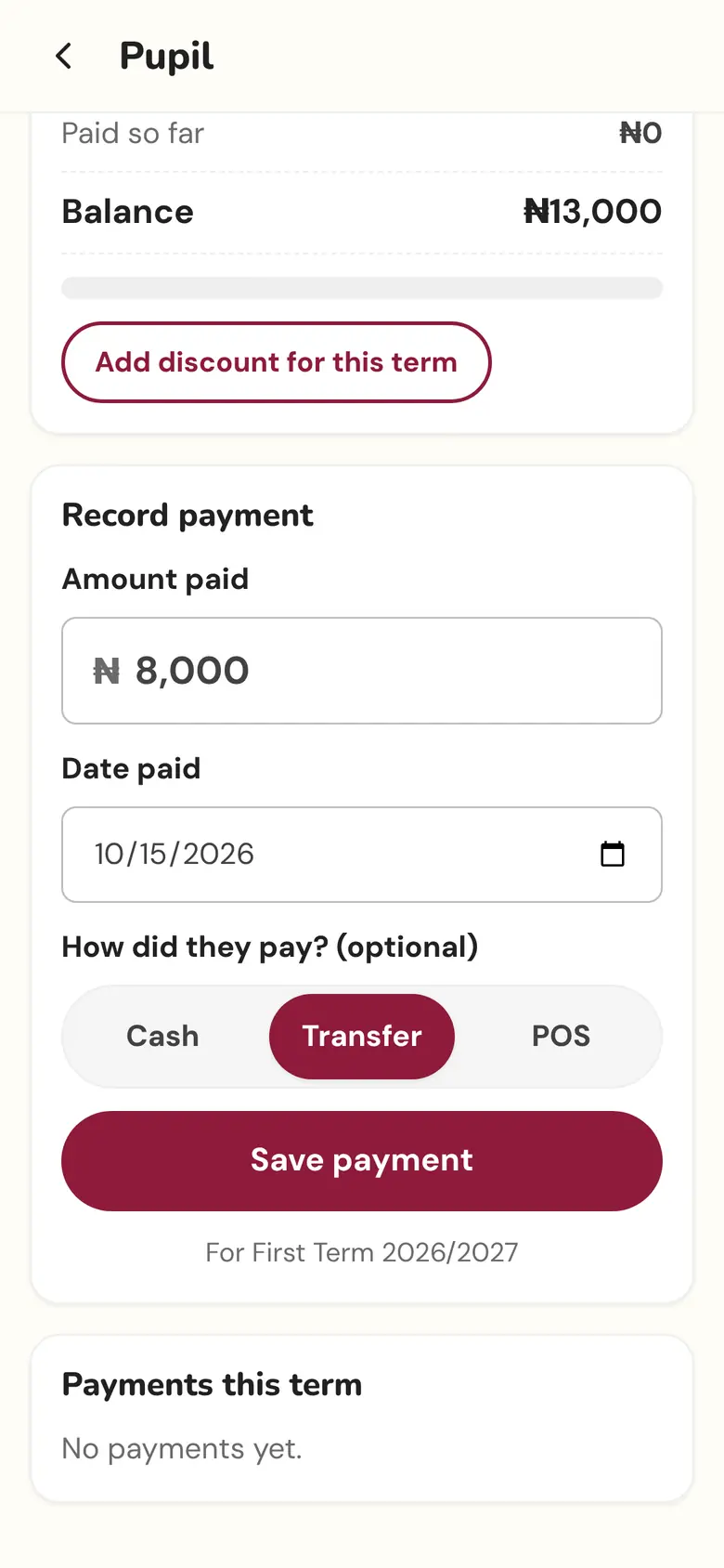 Recording an ₦8,000 payment by transfer